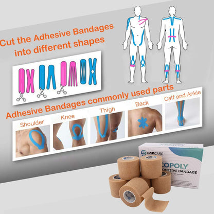 Selbsthaftende Kohäsivbandagen 6er-Pack 5 cm x 4,5 m, medizinisches Tape, atmungsaktive elastische First-Hilfe-Binde, Sportbandage für Knöchelverstauchungen & Schwellungen, beige