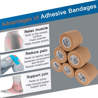 Selbsthaftende Kohäsivbandagen 6er-Pack 5 cm x 4,5 m, medizinisches Tape, atmungsaktive elastische First-Hilfe-Binde, Sportbandage für Knöchelverstauchungen & Schwellungen, beige
