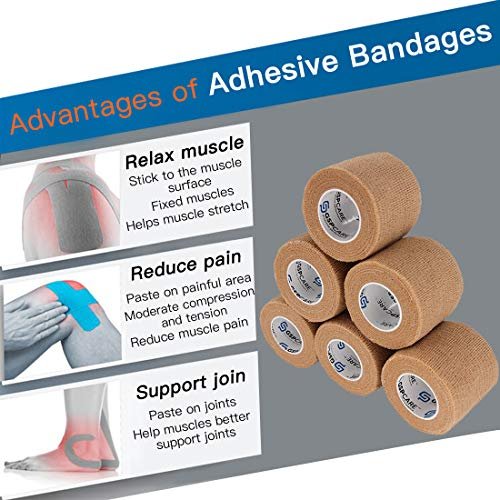 Selbsthaftende Kohäsivbandagen 6er-Pack 5 cm x 4,5 m, medizinisches Tape, atmungsaktive elastische First-Hilfe-Binde, Sportbandage für Knöchelverstauchungen & Schwellungen, beige