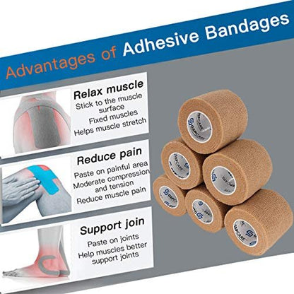 Selbsthaftende Kohäsivbandagen 6er-Pack 5 cm x 4,5 m, medizinisches Tape, atmungsaktive elastische First-Hilfe-Binde, Sportbandage für Knöchelverstauchungen & Schwellungen, beige