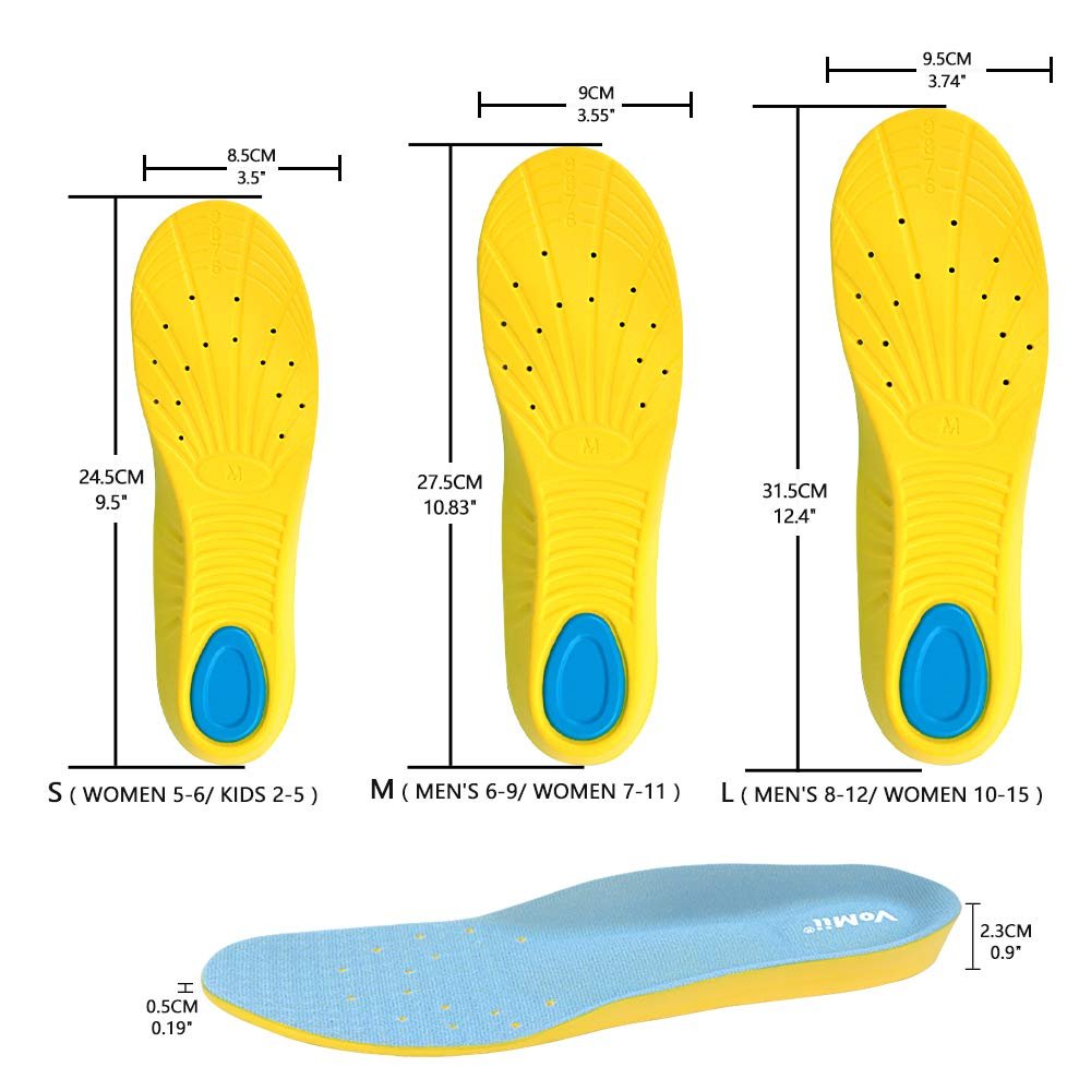 VoMii Gedächtnisschaum-Einlegesohlen für Damen, Herren und Kinder – Bequeme Sportschuheinlagen zur Stoßdämpfung und Fußschmerzlinderung, Plantarfasziitis-Gewölbestütze, M (Herren 6-9/ Damen 7-11)
