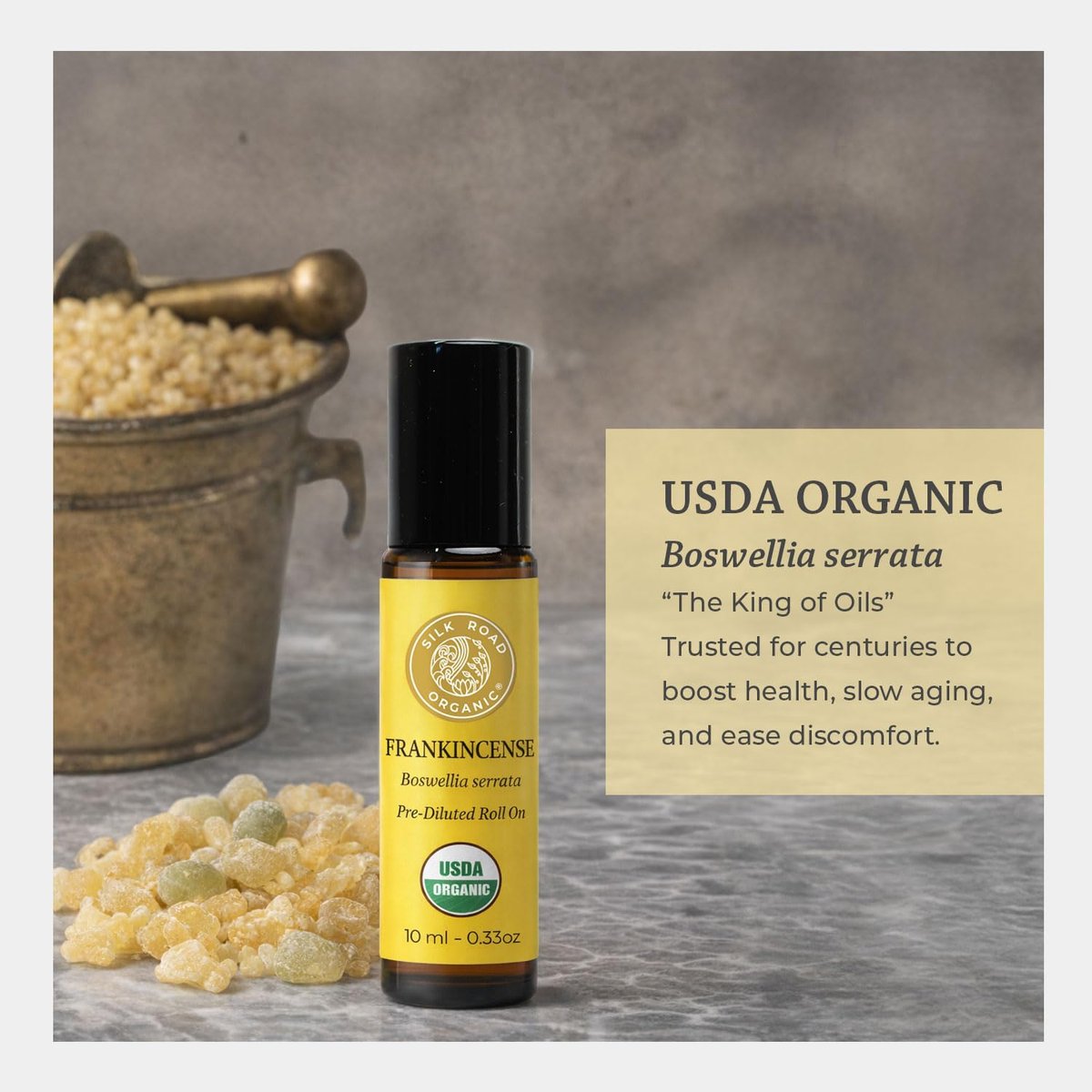 Silk Road Organic Weihrauch Serrata Roll-On – 100 % reines, USDA-zertifiziertes Bio-Öl für Aromatherapie, 10 ml
