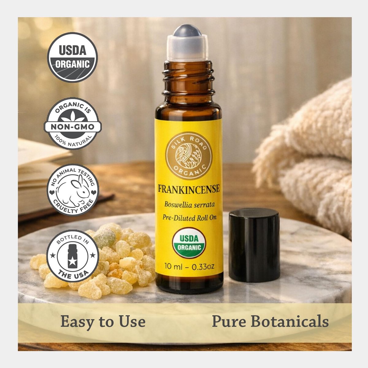 Silk Road Organic Weihrauch Serrata Roll-On – 100 % reines, USDA-zertifiziertes Bio-Öl für Aromatherapie, 10 ml