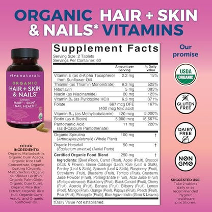 Biotin 5000 mcg für Haut, Haare und Nägel – Veganes Nahrungsergänzungsmittel mit Vitamin E, B-Vitaminen, Spirulina, Schachtelhalm und Superfood-Mischung zur Unterstützung der Keratinproduktion – 120 Kapseln