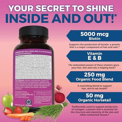 Biotin 5000 mcg für Haut, Haare und Nägel – Veganes Nahrungsergänzungsmittel mit Vitamin E, B-Vitaminen, Spirulina, Schachtelhalm und Superfood-Mischung zur Unterstützung der Keratinproduktion – 120 Kapseln