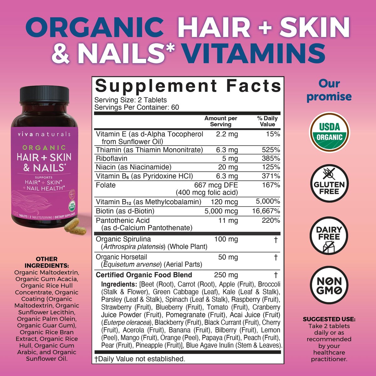 Biotin 5000 mcg für Haut, Haare und Nägel – Veganes Nahrungsergänzungsmittel mit Vitamin E, B-Vitaminen, Spirulina, Schachtelhalm und Superfood-Mischung zur Unterstützung der Keratinproduktion – 120 Kapseln