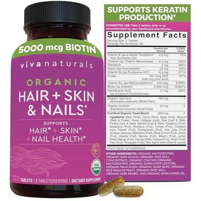 Biotin 5000 mcg für Haut, Haare und Nägel – Veganes Nahrungsergänzungsmittel mit Vitamin E, B-Vitaminen, Spirulina, Schachtelhalm und Superfood-Mischung zur Unterstützung der Keratinproduktion – 120 Kapseln