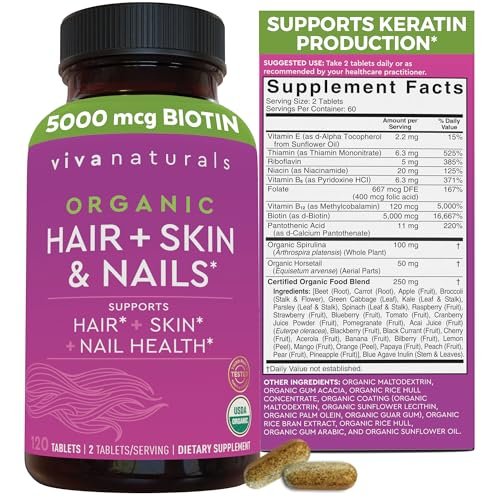 Biotin 5000 mcg für Haut, Haare und Nägel – Veganes Nahrungsergänzungsmittel mit Vitamin E, B-Vitaminen, Spirulina, Schachtelhalm und Superfood-Mischung zur Unterstützung der Keratinproduktion – 120 Kapseln