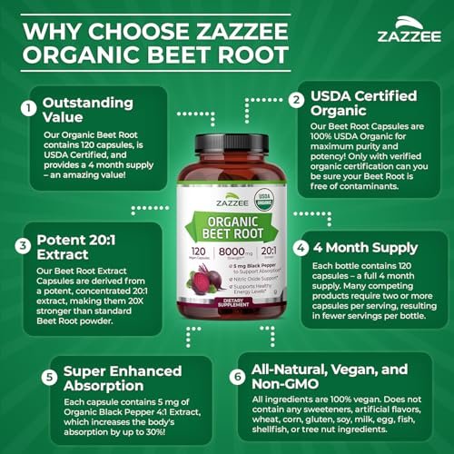 Zazzee Bio Rote Bete 20:1 Extrakt, 120 vegane Kapseln, 4-Monats-Vorrat, Stickoxid-Unterstützung, mit Schwarzem Pfeffer Extrakt, USDA Bio, Koscher, Non-GMO, Hergestellt in den USA