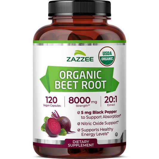 Zazzee Bio Rote Bete 20:1 Extrakt, 120 vegane Kapseln, 4-Monats-Vorrat, Stickoxid-Unterstützung, mit Schwarzem Pfeffer Extrakt, USDA Bio, Koscher, Non-GMO, Hergestellt in den USA