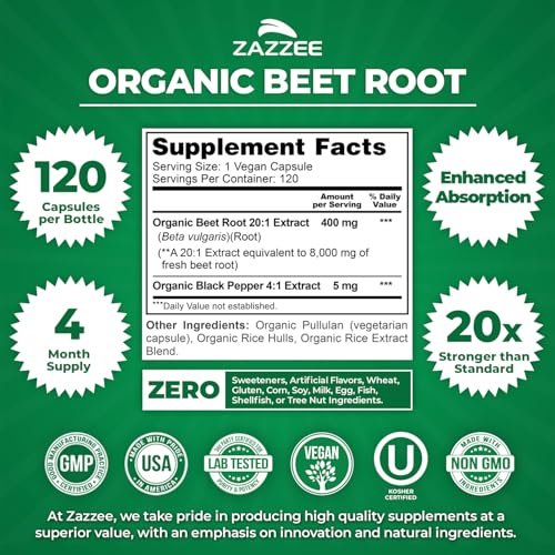Zazzee Bio Rote Bete 20:1 Extrakt, 120 vegane Kapseln, 4-Monats-Vorrat, Stickoxid-Unterstützung, mit Schwarzem Pfeffer Extrakt, USDA Bio, Koscher, Non-GMO, Hergestellt in den USA