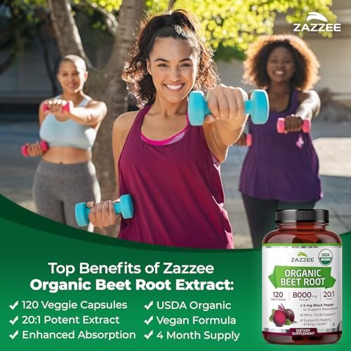 Zazzee Bio Rote Bete 20:1 Extrakt, 120 vegane Kapseln, 4-Monats-Vorrat, Stickoxid-Unterstützung, mit Schwarzem Pfeffer Extrakt, USDA Bio, Koscher, Non-GMO, Hergestellt in den USA