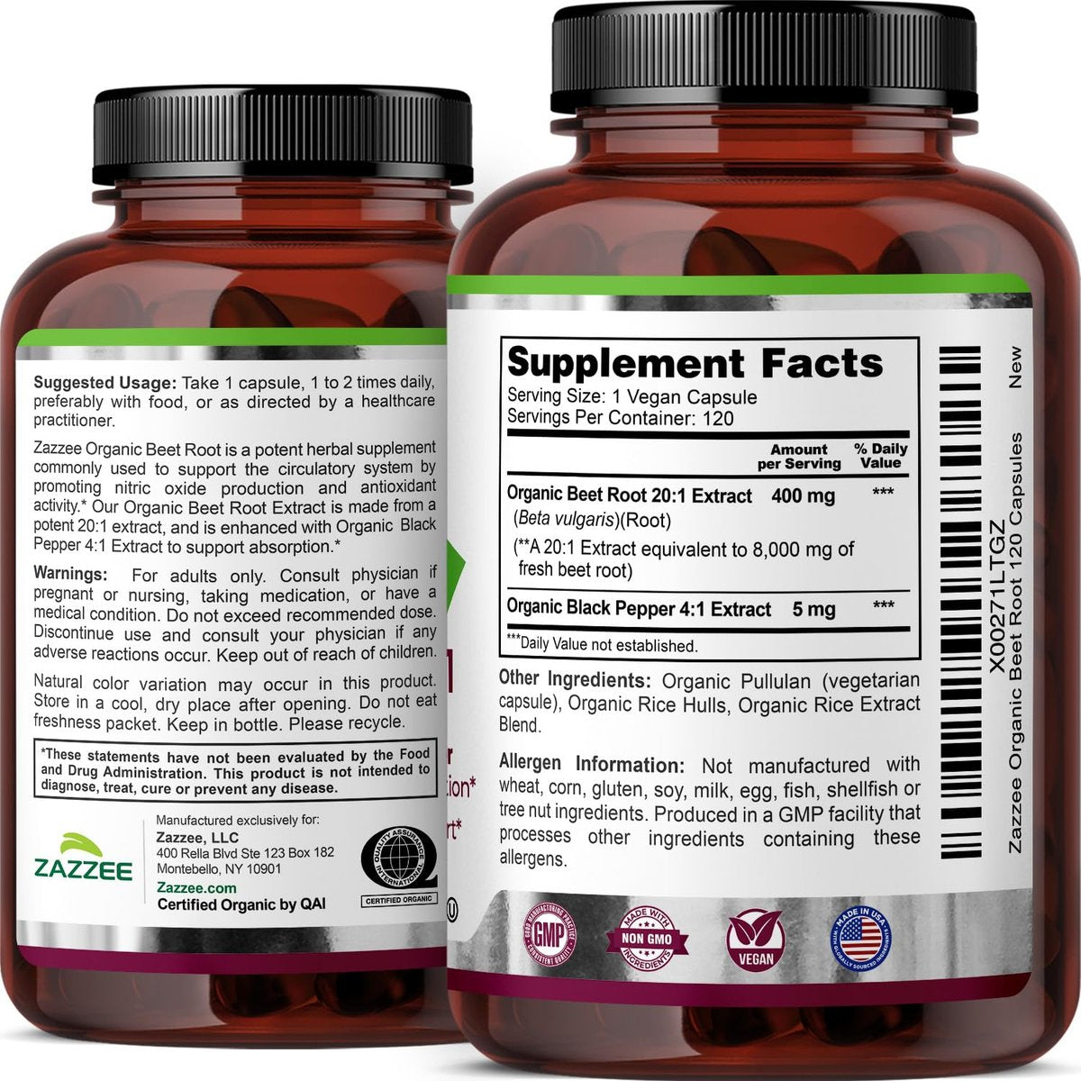 Zazzee Bio Rote Bete 20:1 Extrakt, 120 vegane Kapseln, 4-Monats-Vorrat, Stickoxid-Unterstützung, mit Schwarzem Pfeffer Extrakt, USDA Bio, Koscher, Non-GMO, Hergestellt in den USA