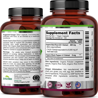Zazzee Bio Rote Bete 20:1 Extrakt, 120 vegane Kapseln, 4-Monats-Vorrat, Stickoxid-Unterstützung, mit Schwarzem Pfeffer Extrakt, USDA Bio, Koscher, Non-GMO, Hergestellt in den USA