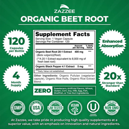 Zazzee Bio Rote Bete 20:1 Extrakt, 120 vegane Kapseln, 4-Monats-Vorrat, Stickoxid-Unterstützung, mit Schwarzem Pfeffer Extrakt, USDA Bio, Koscher, Non-GMO, Hergestellt in den USA