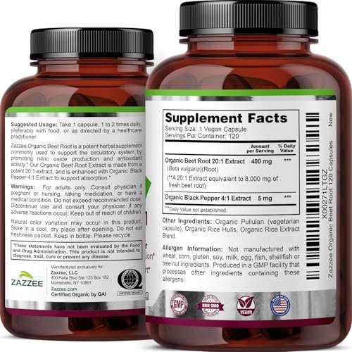 Zazzee Bio Rote Bete 20:1 Extrakt, 120 vegane Kapseln, 4-Monats-Vorrat, Stickoxid-Unterstützung, mit Schwarzem Pfeffer Extrakt, USDA Bio, Koscher, Non-GMO, Hergestellt in den USA