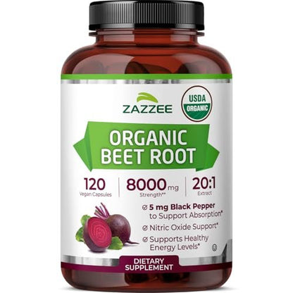 Zazzee Bio Rote Bete 20:1 Extrakt, 120 vegane Kapseln, 4-Monats-Vorrat, Stickoxid-Unterstützung, mit Schwarzem Pfeffer Extrakt, USDA Bio, Koscher, Non-GMO, Hergestellt in den USA