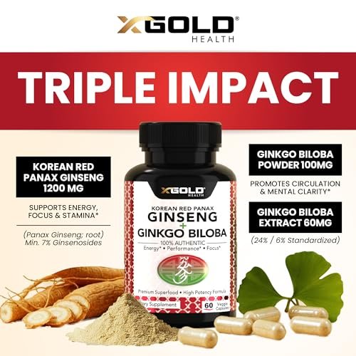 X Gold Health Korean Red Panax Ginseng + Ginkgo Biloba – 7% Ginsenoside Extra Stärke – Energie, Gedächtnis, Fokus & Gehirn Unterstützung – Premium Nahrungsergänzung für Männer & Frauen – Non-GMO, 60 vegane Kapseln