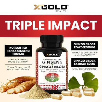 X Gold Health Korean Red Panax Ginseng + Ginkgo Biloba – 7% Ginsenoside Extra Stärke – Energie, Gedächtnis, Fokus & Gehirn Unterstützung – Premium Nahrungsergänzung für Männer & Frauen – Non-GMO, 60 vegane Kapseln