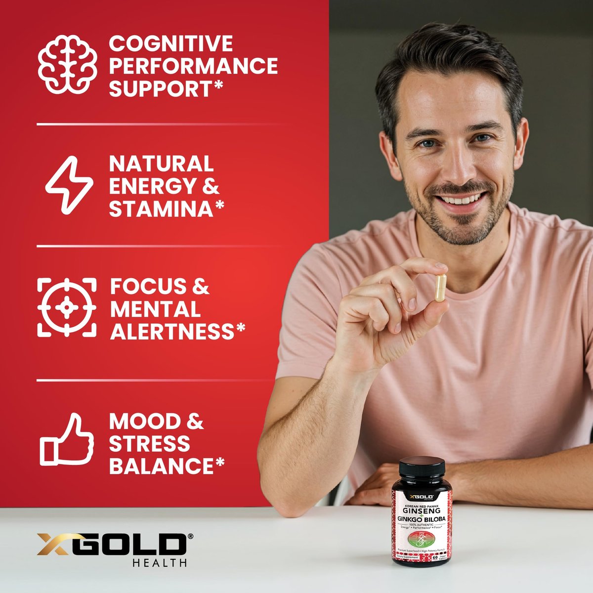 X Gold Health Korean Red Panax Ginseng + Ginkgo Biloba – 7% Ginsenoside Extra Stärke – Energie, Gedächtnis, Fokus & Gehirn Unterstützung – Premium Nahrungsergänzung für Männer & Frauen – Non-GMO, 60 vegane Kapseln