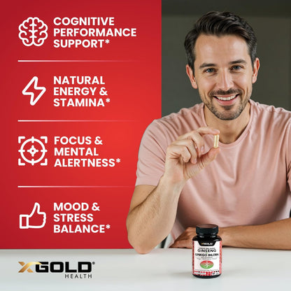 X Gold Health Korean Red Panax Ginseng + Ginkgo Biloba – 7% Ginsenoside Extra Stärke – Energie, Gedächtnis, Fokus & Gehirn Unterstützung – Premium Nahrungsergänzung für Männer & Frauen – Non-GMO, 60 vegane Kapseln
