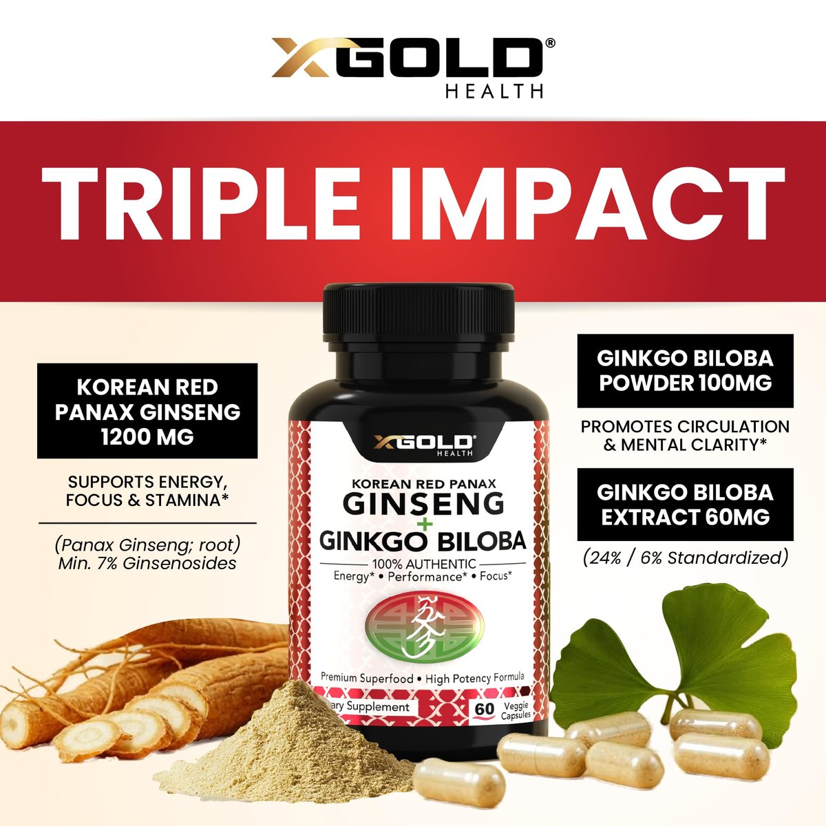 X Gold Health Korean Red Panax Ginseng + Ginkgo Biloba – 7% Ginsenoside Extra Stärke – Energie, Gedächtnis, Fokus & Gehirn Unterstützung – Premium Nahrungsergänzung für Männer & Frauen – Non-GMO, 60 vegane Kapseln