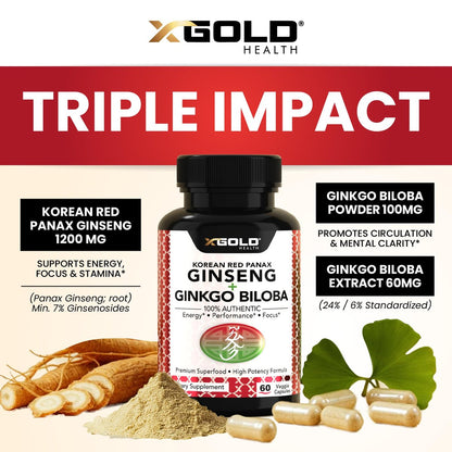 X Gold Health Korean Red Panax Ginseng + Ginkgo Biloba – 7% Ginsenoside Extra Stärke – Energie, Gedächtnis, Fokus & Gehirn Unterstützung – Premium Nahrungsergänzung für Männer & Frauen – Non-GMO, 60 vegane Kapseln