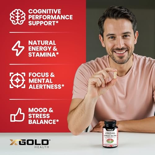 X Gold Health Korean Red Panax Ginseng + Ginkgo Biloba – 7% Ginsenoside Extra Stärke – Energie, Gedächtnis, Fokus & Gehirn Unterstützung – Premium Nahrungsergänzung für Männer & Frauen – Non-GMO, 60 vegane Kapseln