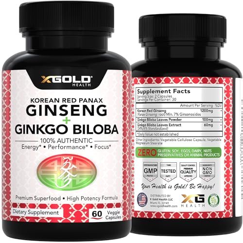 X Gold Health Korean Red Panax Ginseng + Ginkgo Biloba – 7% Ginsenoside Extra Stärke – Energie, Gedächtnis, Fokus & Gehirn Unterstützung – Premium Nahrungsergänzung für Männer & Frauen – Non-GMO, 60 vegane Kapseln