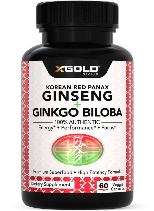 X Gold Health Korean Red Panax Ginseng + Ginkgo Biloba – 7% Ginsenoside Extra Stärke – Energie, Gedächtnis, Fokus & Gehirn Unterstützung – Premium Nahrungsergänzung für Männer & Frauen – Non-GMO, 60 vegane Kapseln