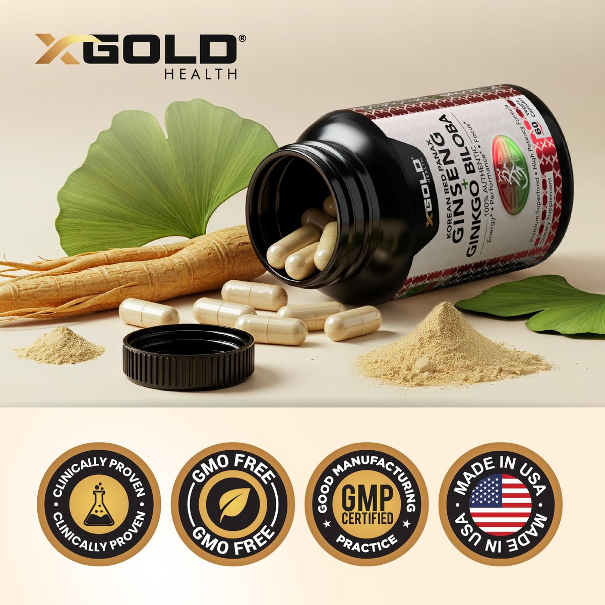 X Gold Health Korean Red Panax Ginseng + Ginkgo Biloba – 7% Ginsenoside Extra Stärke – Energie, Gedächtnis, Fokus & Gehirn Unterstützung – Premium Nahrungsergänzung für Männer & Frauen – Non-GMO, 60 vegane Kapseln