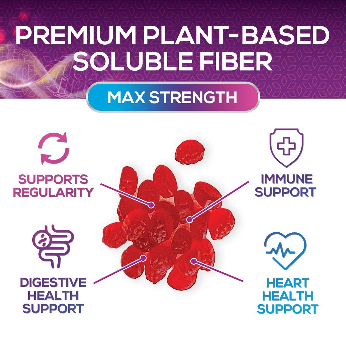 Faser Gummibärchen für Erwachsene – Tägliche Verdauungsgesundheit und Regelmäßigkeit – Lösliche Ballaststoffe 4 g pro Portion – Präbiotische Darmunterstützung – Pflanzlich – 60 Gummibärchen
