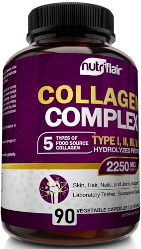 NutriFlair Multi Collagen Peptide 2250mg, 90 Kapseln – Typ I, II, III, V, X – Kollagenkomplex für Frauen und Männer – Hydrolysiertes Protein, gesundes Haar, Haut, Nägel – Non-GMO