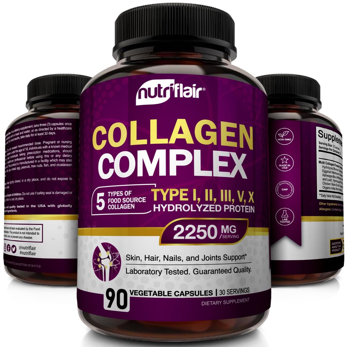 NutriFlair Multi Collagen Peptide 2250mg, 90 Kapseln – Typ I, II, III, V, X – Kollagenkomplex für Frauen und Männer – Hydrolysiertes Protein, gesundes Haar, Haut, Nägel – Non-GMO