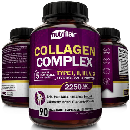NutriFlair Multi Collagen Peptide 2250mg, 90 Kapseln – Typ I, II, III, V, X – Kollagenkomplex für Frauen und Männer – Hydrolysiertes Protein, gesundes Haar, Haut, Nägel – Non-GMO