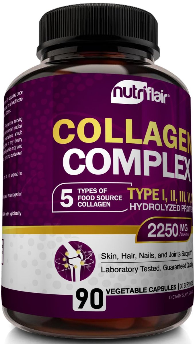 NutriFlair Multi Collagen Peptide 2250mg, 90 Kapseln – Typ I, II, III, V, X – Kollagenkomplex für Frauen und Männer – Hydrolysiertes Protein, gesundes Haar, Haut, Nägel – Non-GMO