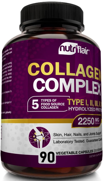 NutriFlair Multi Collagen Peptide 2250mg, 90 Kapseln – Typ I, II, III, V, X – Kollagenkomplex für Frauen und Männer – Hydrolysiertes Protein, gesundes Haar, Haut, Nägel – Non-GMO