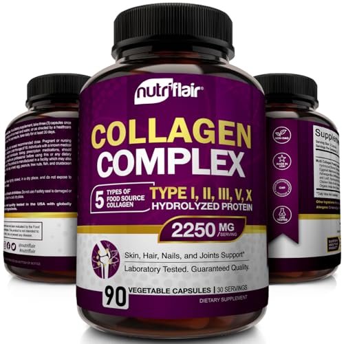 NutriFlair Multi Collagen Peptide 2250mg, 90 Kapseln – Typ I, II, III, V, X – Kollagenkomplex für Frauen und Männer – Hydrolysiertes Protein, gesundes Haar, Haut, Nägel – Non-GMO
