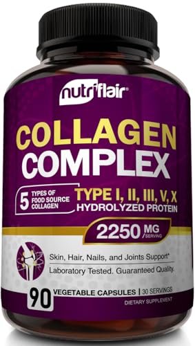 NutriFlair Multi Collagen Peptide 2250mg, 90 Kapseln – Typ I, II, III, V, X – Kollagenkomplex für Frauen und Männer – Hydrolysiertes Protein, gesundes Haar, Haut, Nägel – Non-GMO