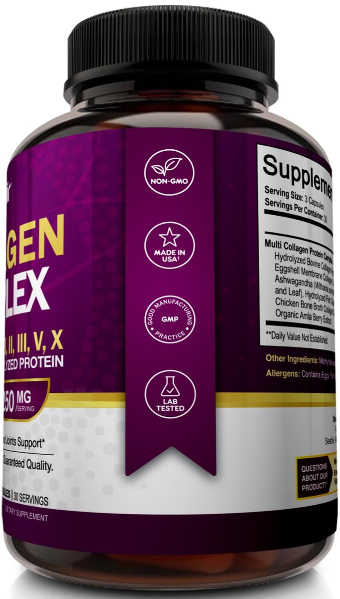 NutriFlair Multi Collagen Peptide 2250mg, 90 Kapseln – Typ I, II, III, V, X – Kollagenkomplex für Frauen und Männer – Hydrolysiertes Protein, gesundes Haar, Haut, Nägel – Non-GMO