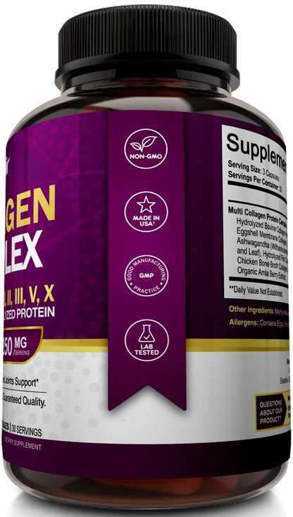 NutriFlair Multi Collagen Peptide 2250mg, 90 Kapseln – Typ I, II, III, V, X – Kollagenkomplex für Frauen und Männer – Hydrolysiertes Protein, gesundes Haar, Haut, Nägel – Non-GMO