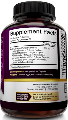 NutriFlair Multi Collagen Peptide 2250mg, 90 Kapseln – Typ I, II, III, V, X – Kollagenkomplex für Frauen und Männer – Hydrolysiertes Protein, gesundes Haar, Haut, Nägel – Non-GMO