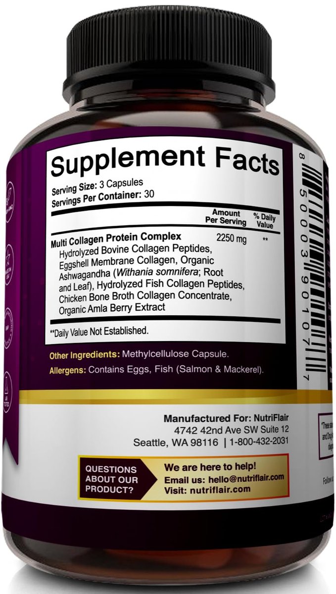 NutriFlair Multi Collagen Peptide 2250mg, 90 Kapseln – Typ I, II, III, V, X – Kollagenkomplex für Frauen und Männer – Hydrolysiertes Protein, gesundes Haar, Haut, Nägel – Non-GMO