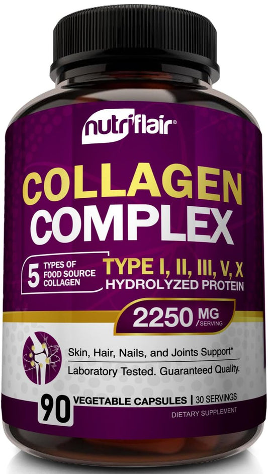 NutriFlair Multi Collagen Peptide 2250mg, 90 Kapseln – Typ I, II, III, V, X – Kollagenkomplex für Frauen und Männer – Hydrolysiertes Protein, gesundes Haar, Haut, Nägel – Non-GMO