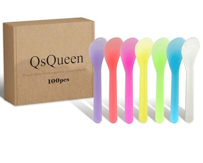 QsQueen 100 Stück Kosmetikspatel, 7 Farben – Wiederverwendbarer hygienischer Make-up-Löffel für Gesichtsmasken, Cremes & Hautpflege, flexibles PP-Werkzeug zum Mischen, Proben, DIY, Salon & Reisen 4,88'' x 1,06''