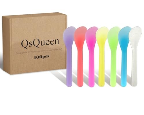 QsQueen 100 Stück Kosmetikspatel, 7 Farben – Wiederverwendbarer hygienischer Make-up-Löffel für Gesichtsmasken, Cremes & Hautpflege, flexibles PP-Werkzeug zum Mischen, Proben, DIY, Salon & Reisen 4,88'' x 1,06''