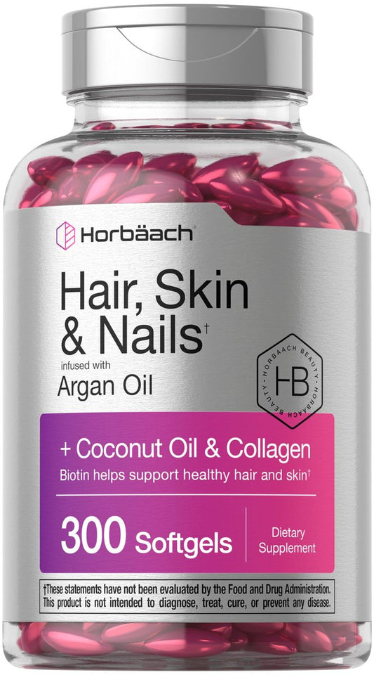 Horbäach Haar, Haut und Nägel Vitamine | 300 Softgels | mit Biotin und Kollagen | Angereichert mit Arganöl und Kokosöl | Nicht-GMO, glutenfrei