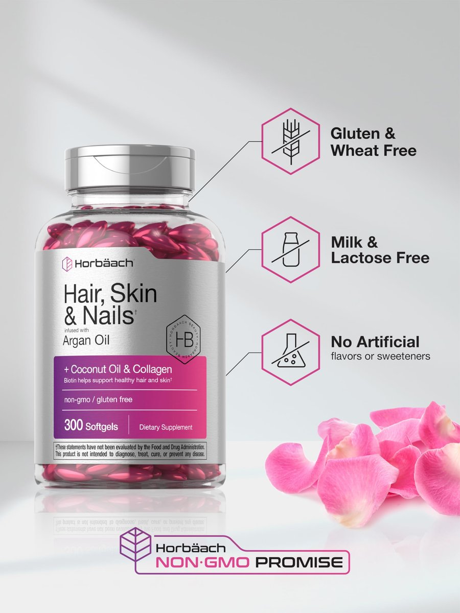 Horbäach Haar, Haut und Nägel Vitamine | 300 Softgels | mit Biotin und Kollagen | Angereichert mit Arganöl und Kokosöl | Nicht-GMO, glutenfrei