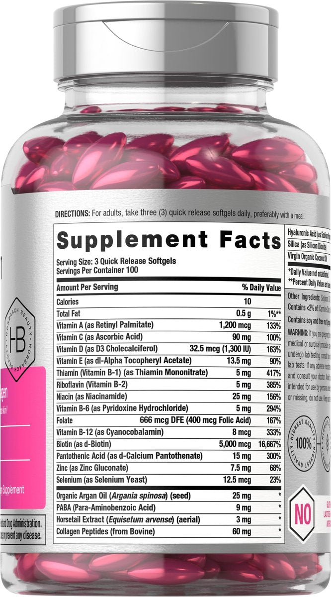 Horbäach Haar, Haut und Nägel Vitamine | 300 Softgels | mit Biotin und Kollagen | Angereichert mit Arganöl und Kokosöl | Nicht-GMO, glutenfrei