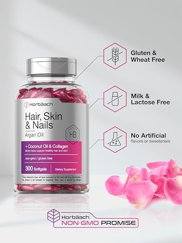 Horbäach Haar, Haut und Nägel Vitamine | 300 Softgels | mit Biotin und Kollagen | Angereichert mit Arganöl und Kokosöl | Nicht-GMO, glutenfrei